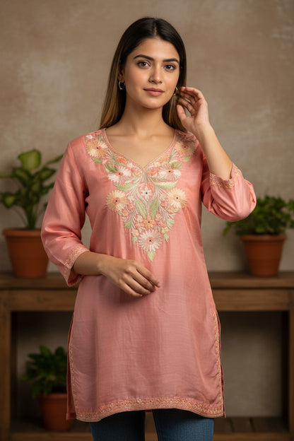 Kashmiri Kurti for Women Silk Kurti with Embroidery - Pink