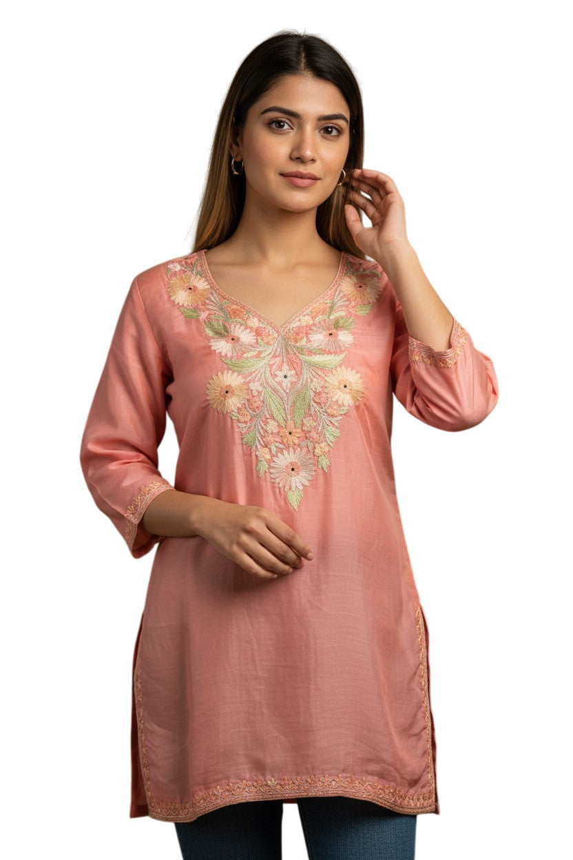 Kashmiri Kurti for Women Silk Kurti with Embroidery - Pink