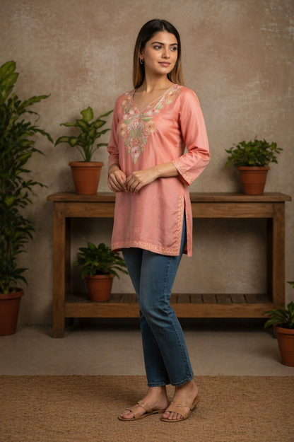 Kashmiri Kurti for Women Silk Kurti with Embroidery - Pink