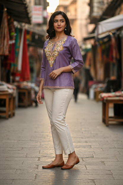 Kashmiri Kurti for Women Silk Kurti with Embroidery - Purple