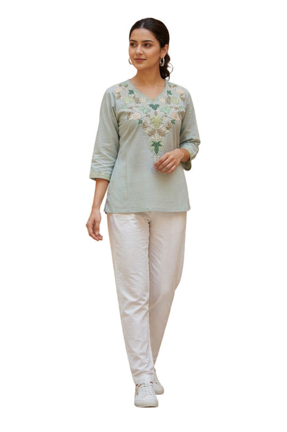Kashmiri Kurti for Women Silk Kurti with Embroidery - Sea Green