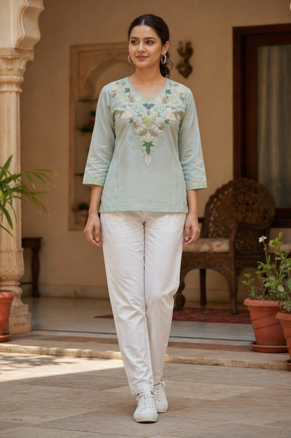Kashmiri Kurti for Women Silk Kurti with Embroidery - Sea Green
