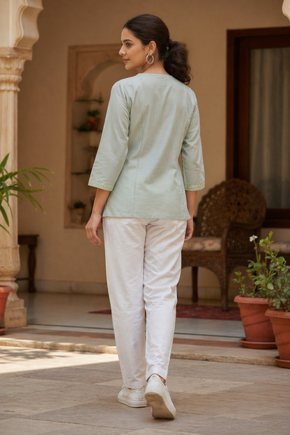 Kashmiri Kurti for Women Silk Kurti with Embroidery - Sea Green