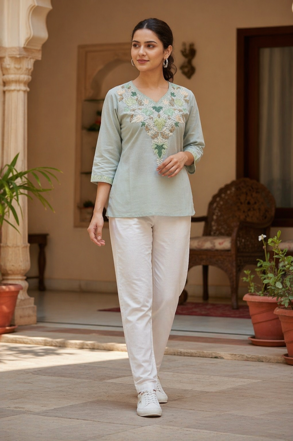 Kashmiri Kurti for Women Silk Kurti with Embroidery - Sea Green