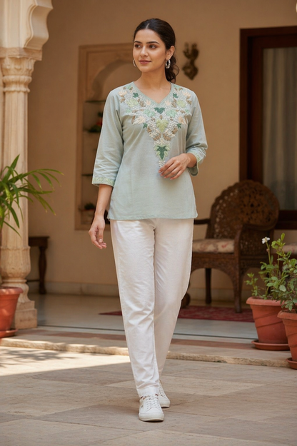 Kashmiri Kurti for Women Silk Kurti with Embroidery - Sea Green