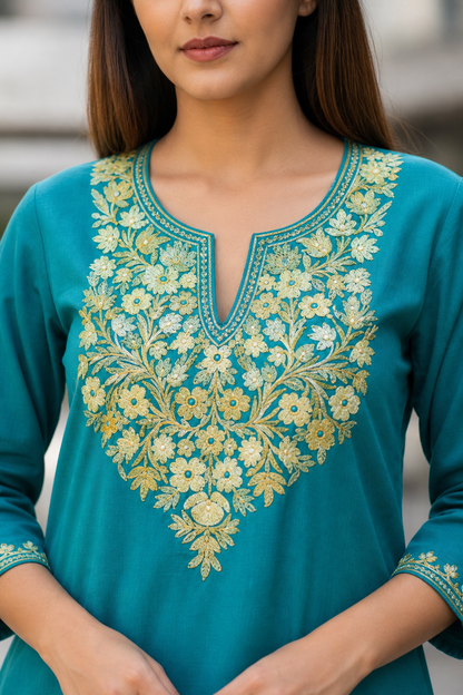 Kashmiri Short Kurti for Women Cotton Kurti with Embroidery - 2XS| Blue