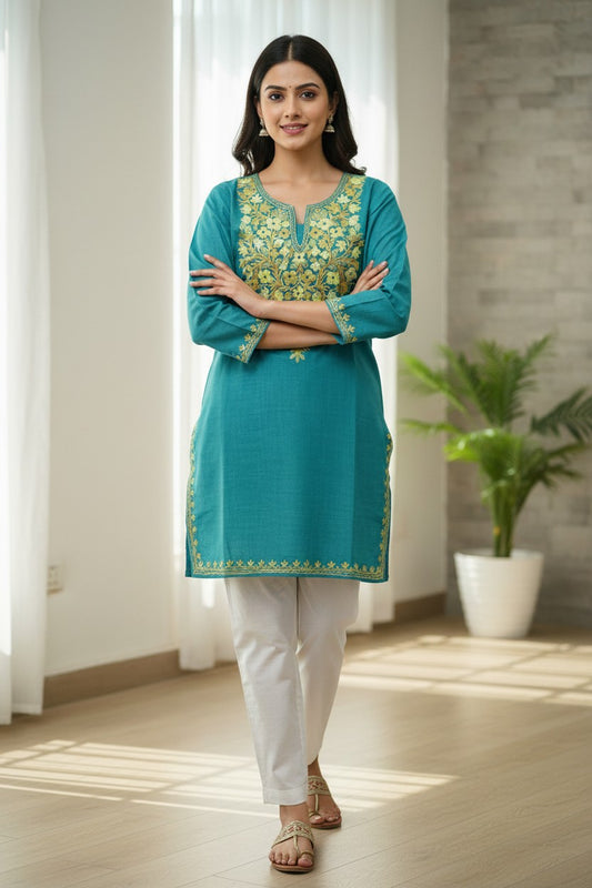 Kashmiri Short Kurti for Women Cotton Kurti with Embroidery - 2XS| Blue