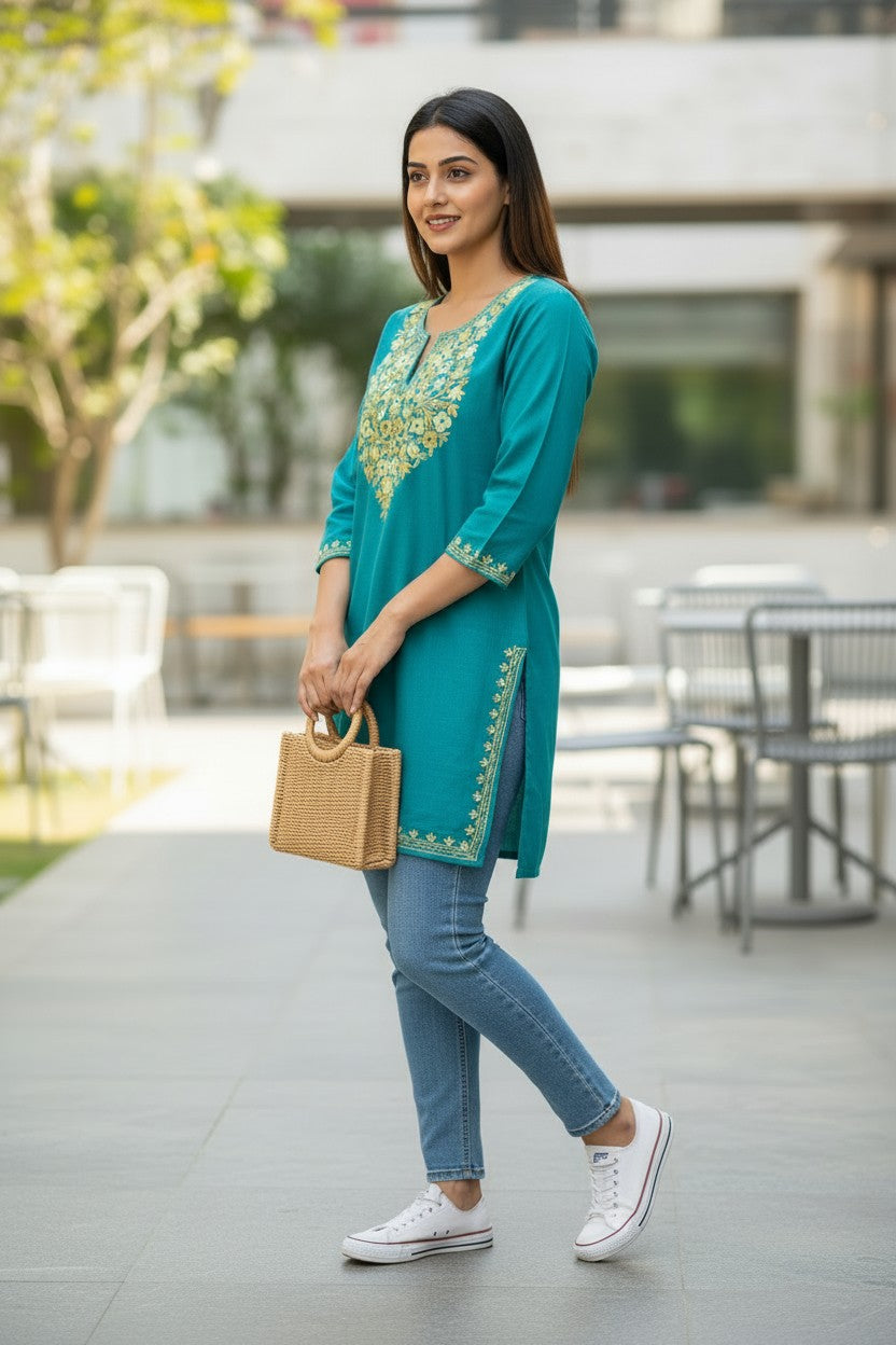 Kashmiri Short Kurti for Women Cotton Kurti with Embroidery - 2XS| Blue