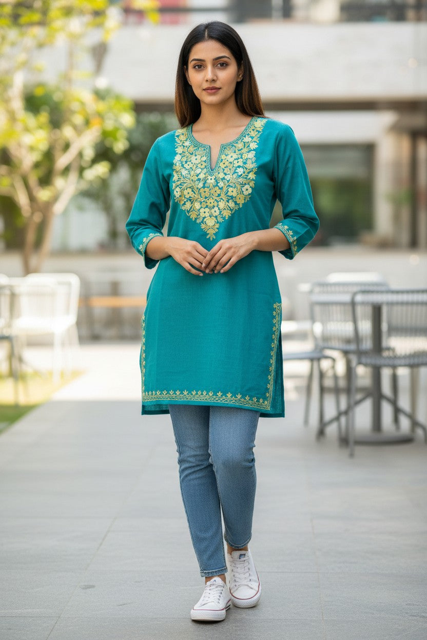 Kashmiri Short Kurti for Women Cotton Kurti with Embroidery - 2XS| Blue