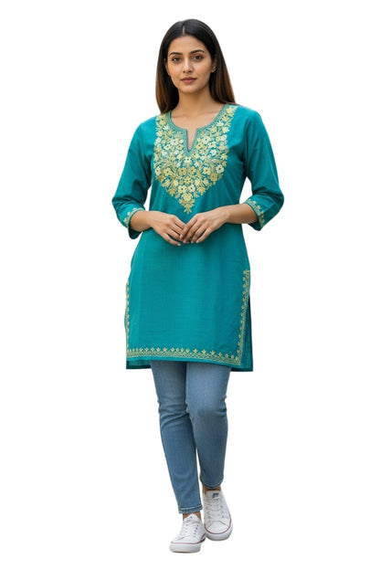 Kashmiri Short Kurti for Women Cotton Kurti with Embroidery - 2XS| Blue