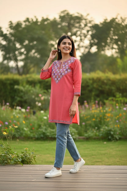 Kashmiri Short Kurti for Women Cotton Kurti with Embroidery - 2XS | Pink