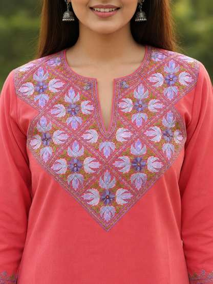 Kashmiri Short Kurti for Women Cotton Kurti with Embroidery - 2XS | Pink