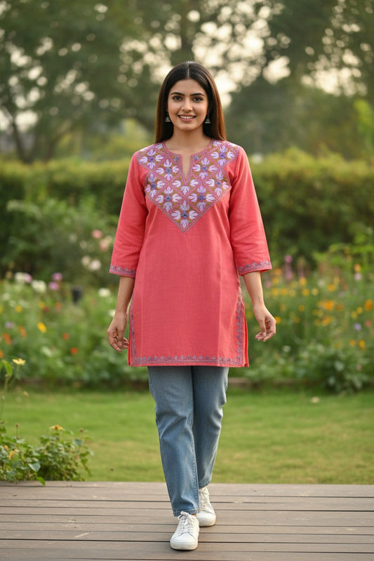 Kashmiri Short Kurti for Women Cotton Kurti with Embroidery - 2XS | Pink