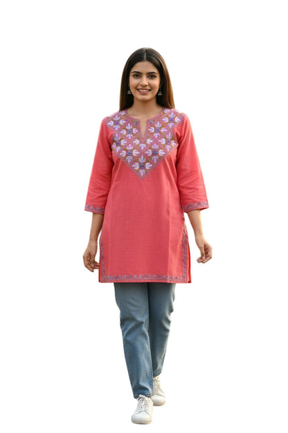 Kashmiri Short Kurti for Women Cotton Kurti with Embroidery - 2XS | Pink