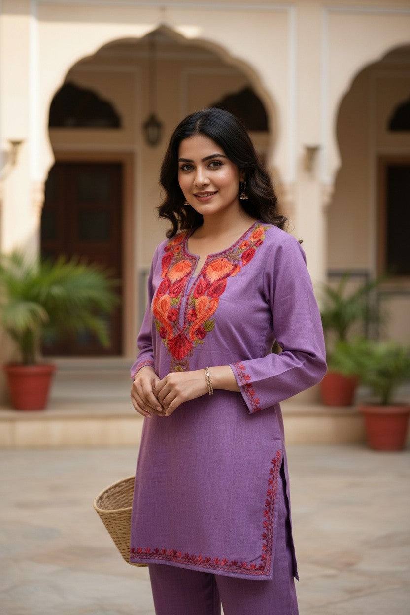 Kashmiri Short Kurti for Women Cotton Kurti with Embroidery - 2XS| Purple