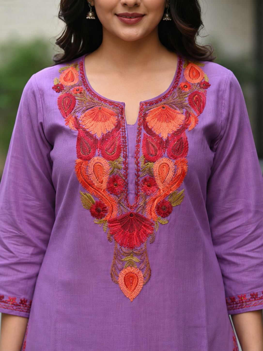 Kashmiri Short Kurti for Women Cotton Kurti with Embroidery - 2XS| Purple