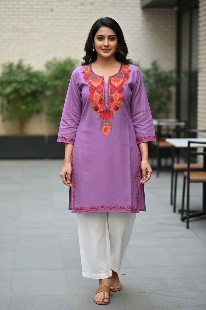 Kashmiri Short Kurti for Women Cotton Kurti with Embroidery - 2XS| Purple