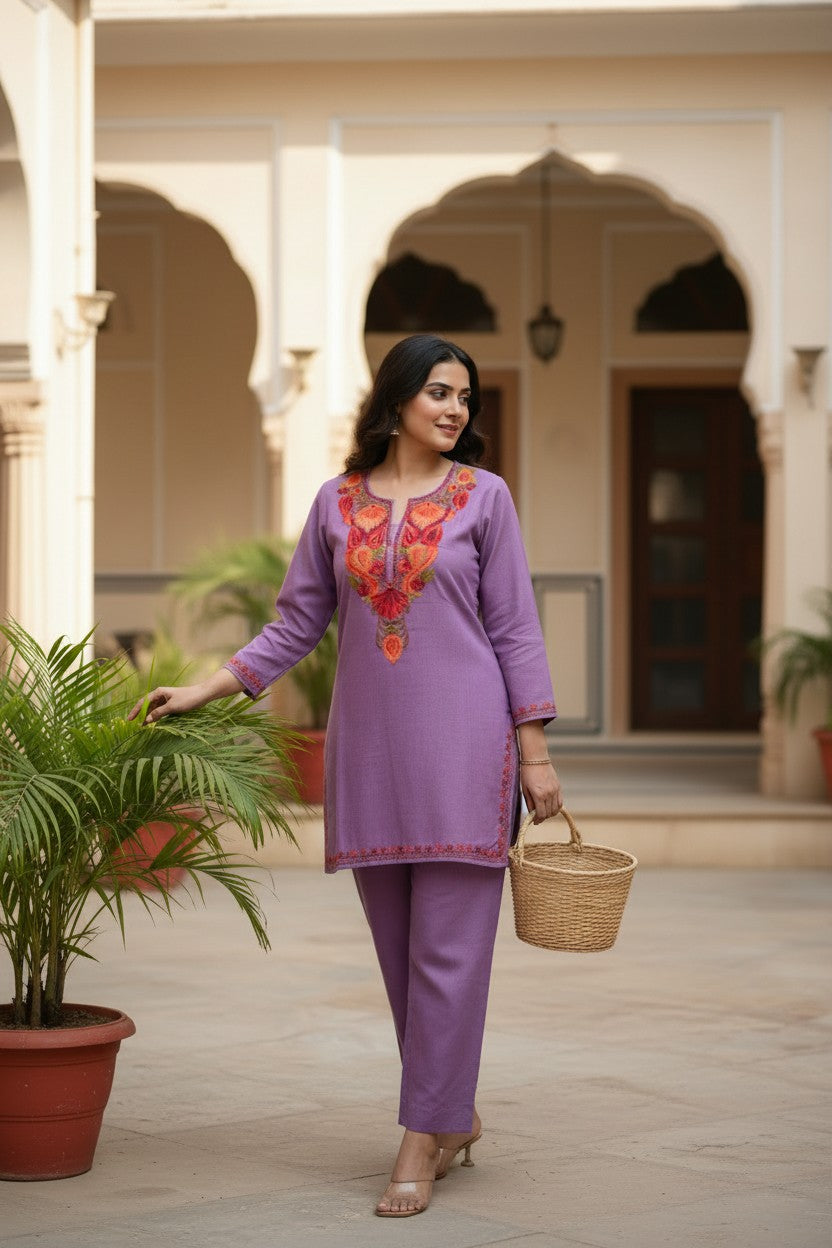Kashmiri Short Kurti for Women Cotton Kurti with Embroidery - 2XS| Purple