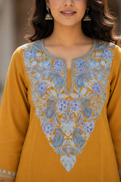 Kashmiri Short Kurti for Women Cotton Kurti with Embroidery - 2XS | Mustard