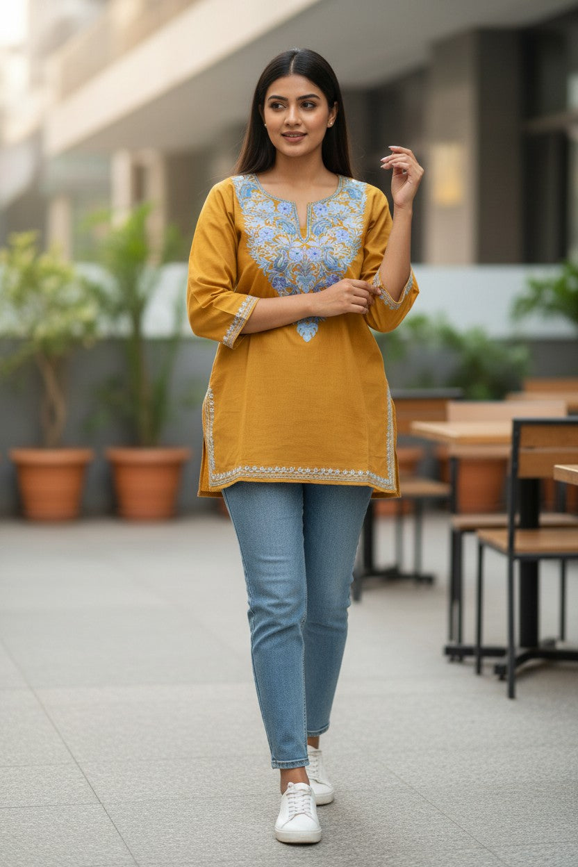 Kashmiri Short Kurti for Women Cotton Kurti with Embroidery - 2XS | Mustard