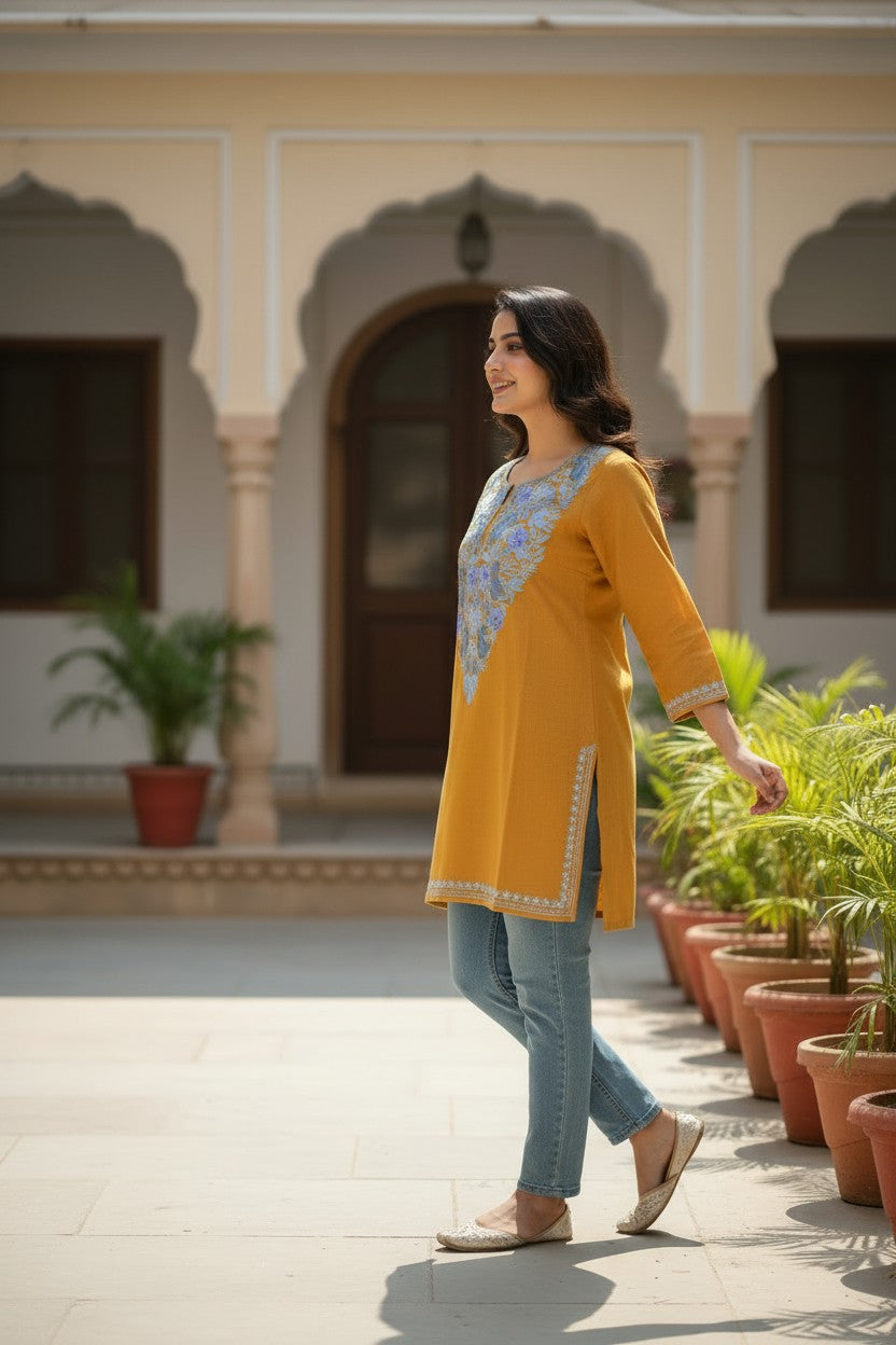 Kashmiri Short Kurti for Women Cotton Kurti with Embroidery - 2XS | Mustard