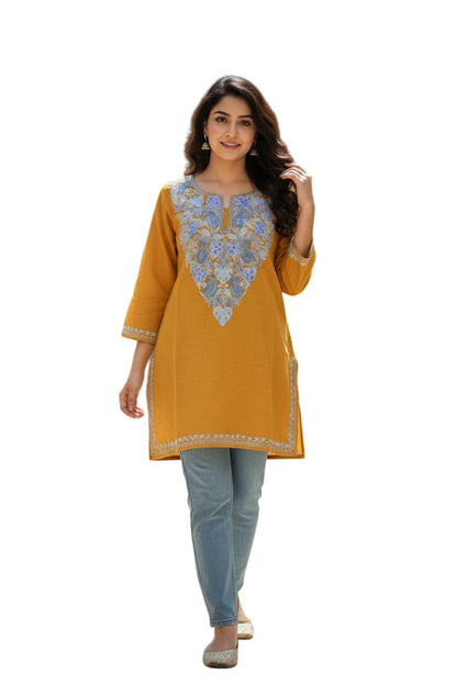Kashmiri Short Kurti for Women Cotton Kurti with Embroidery - 2XS | Mustard