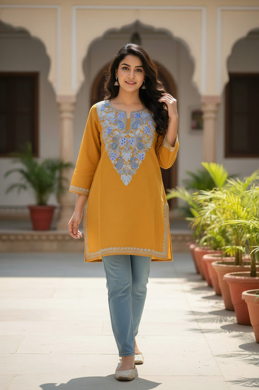 Kashmiri Short Kurti for Women Cotton Kurti with Embroidery - 2XS | Mustard