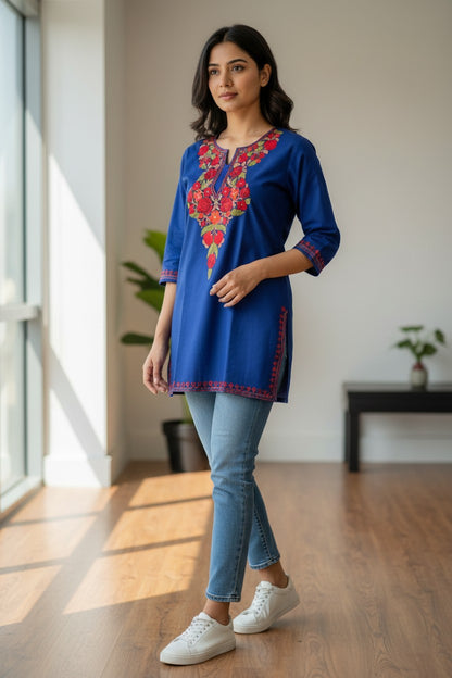 Kashmiri Kurti for Women Cotton Kurti with Embroidery - Blue