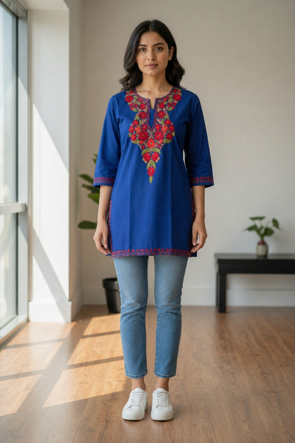 Kashmiri Kurti for Women Cotton Kurti with Embroidery - Blue