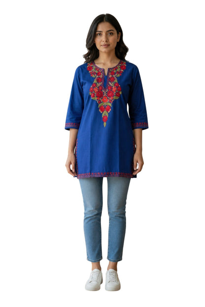 Kashmiri Kurti for Women Cotton Kurti with Embroidery - Blue