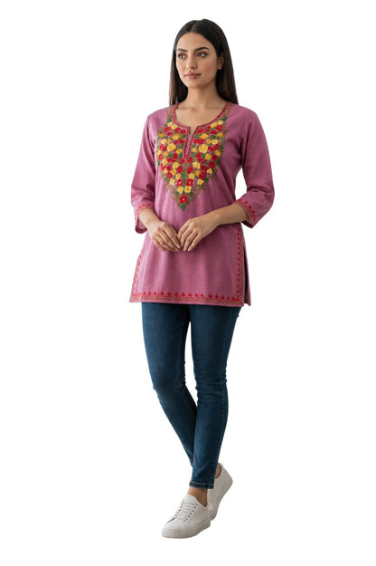Kashmiri Kurti for Women Cotton Kurti with Embroidery - Pink