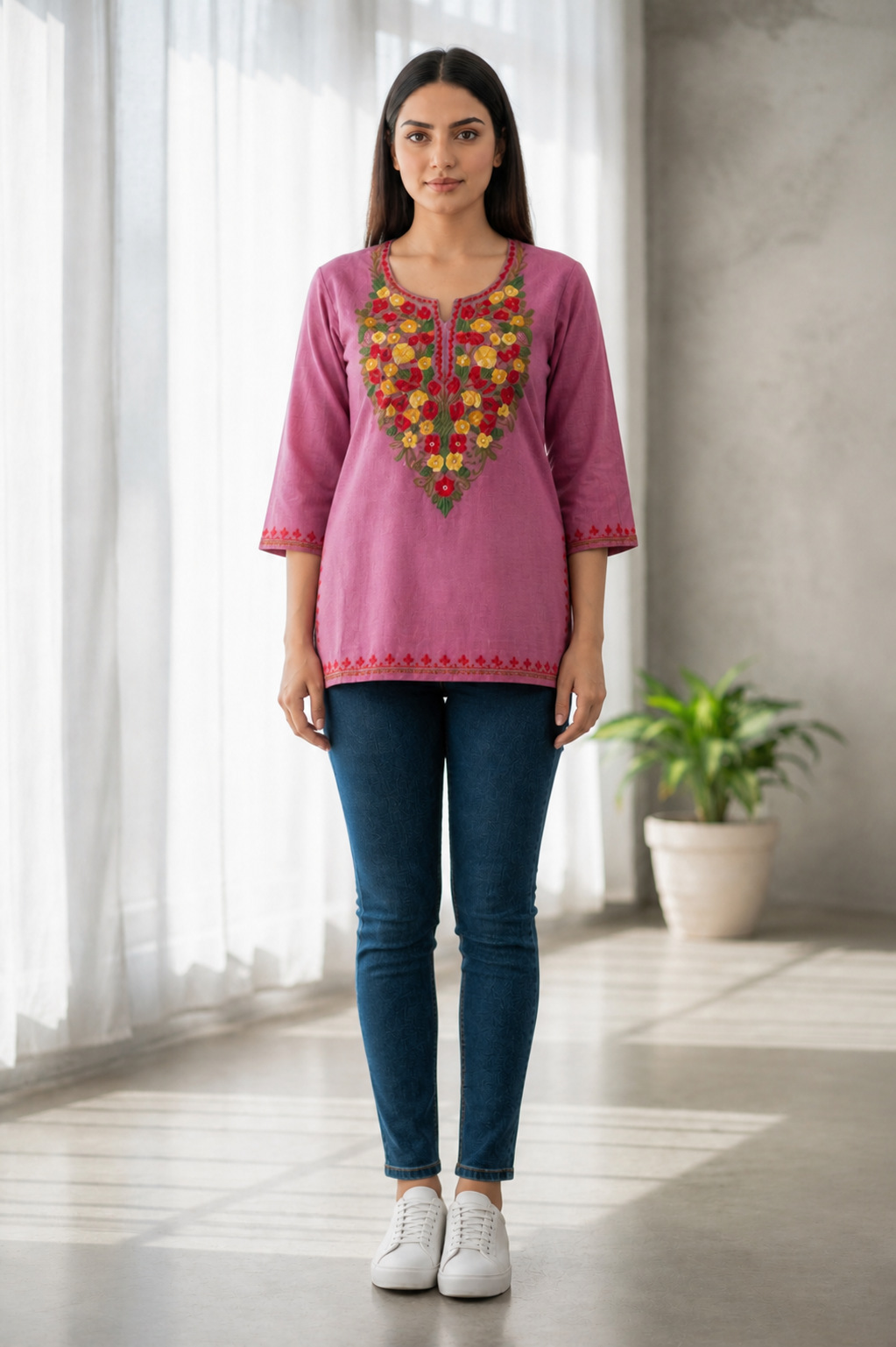 Kashmiri Kurti for Women Cotton Kurti with Embroidery - Pink