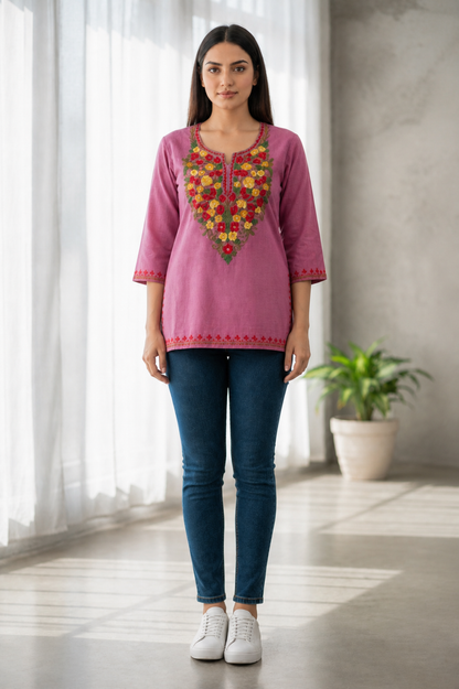 Kashmiri Kurti for Women Cotton Kurti with Embroidery - Pink