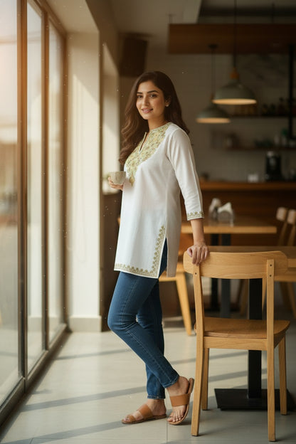Kashmiri Kurti for Women Cotton Kurti with Embroidery - White