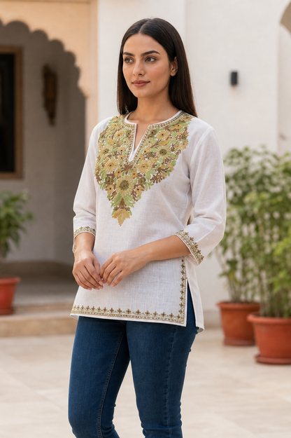 Kashmiri Kurti for Women Cotton Kurti with Embroidery - White