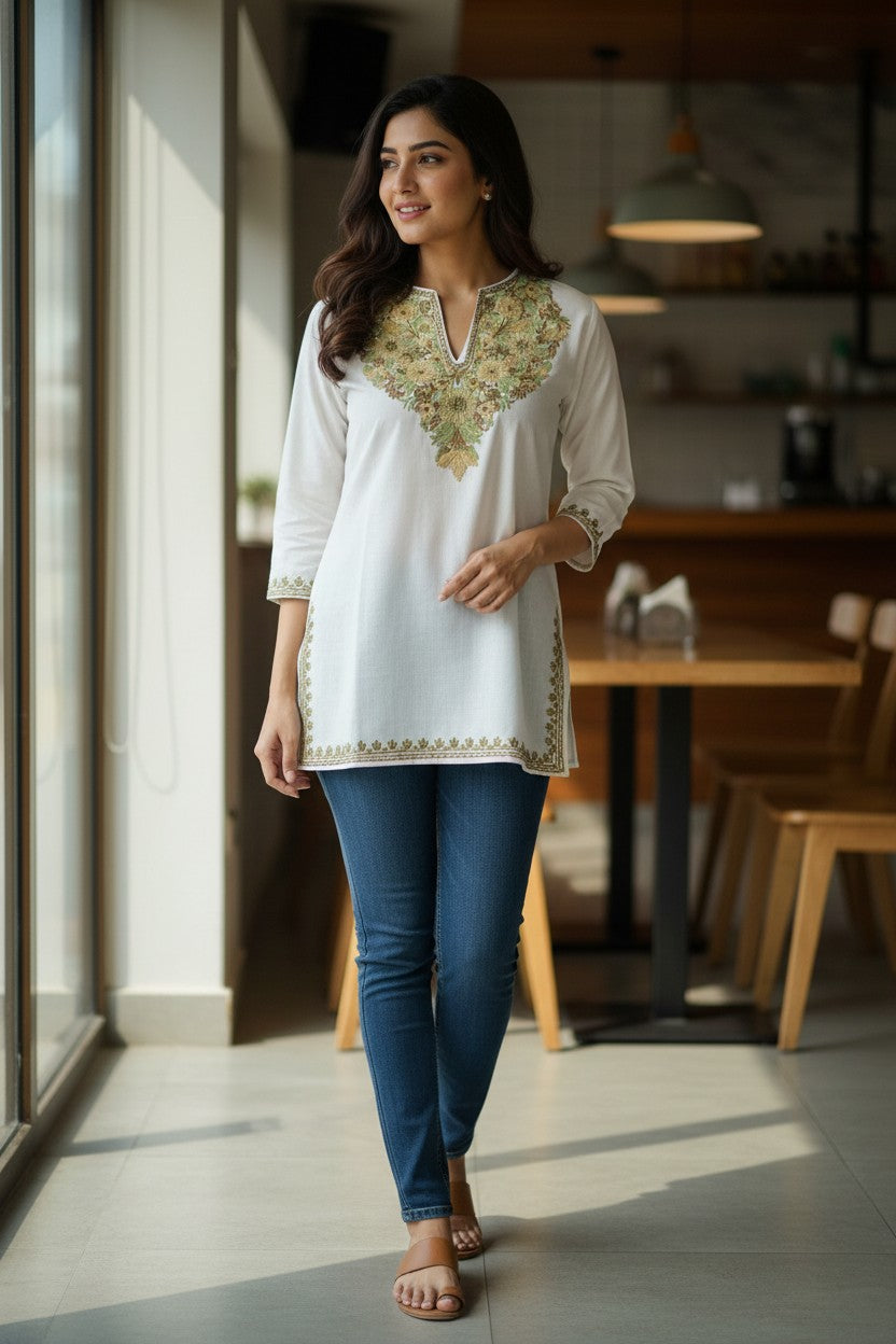 Kashmiri Kurti for Women Cotton Kurti with Embroidery - White