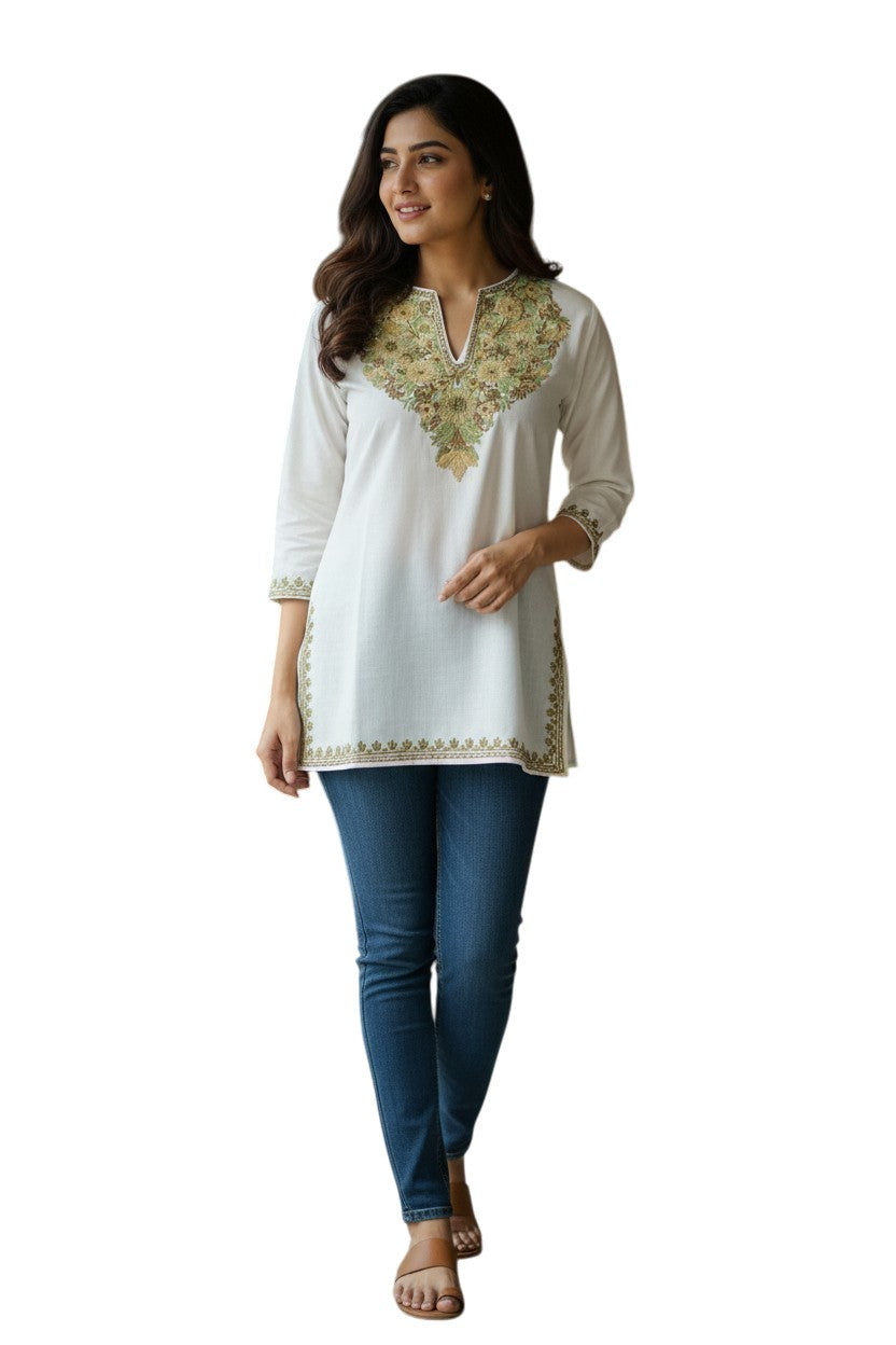 Kashmiri Kurti for Women Cotton Kurti with Embroidery - White