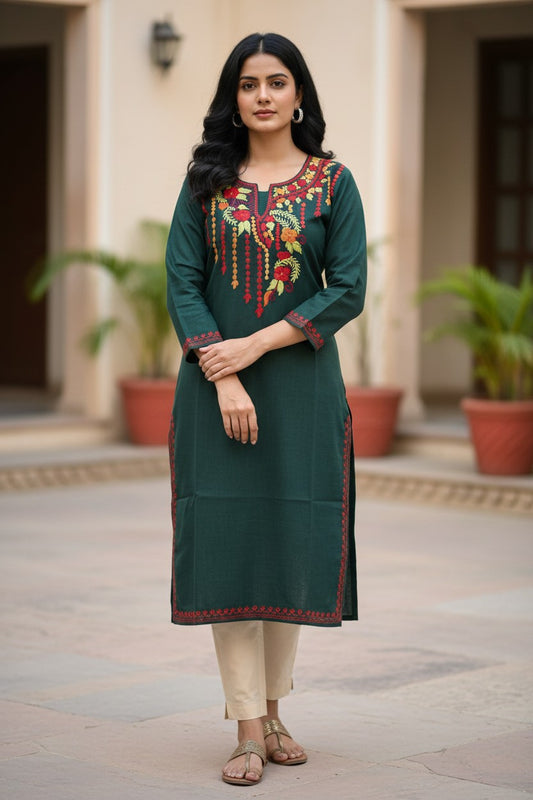 Kashmiri Kurti for Women Cotton Kurti with Embroidery - Small | Green