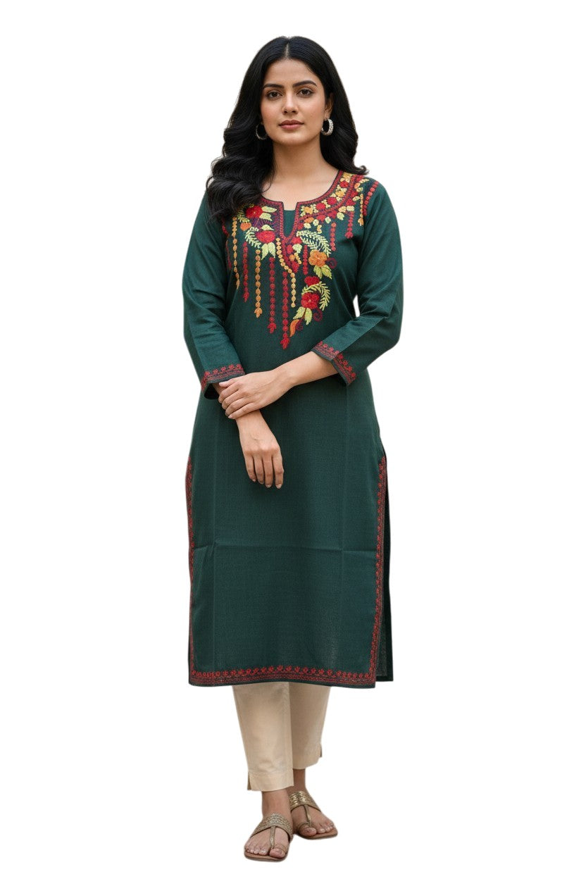 Kashmiri Kurti for Women Cotton Kurti with Embroidery - Small | Green