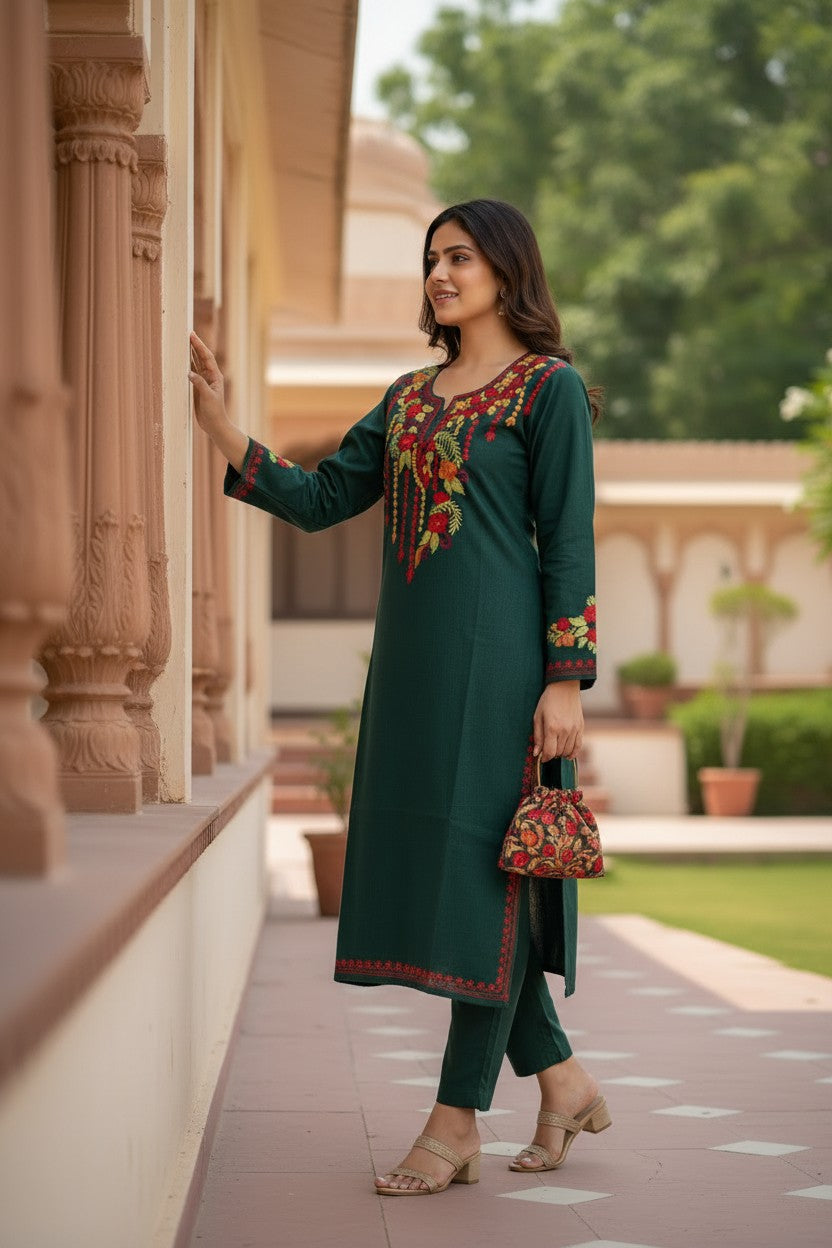 Kashmiri Kurti for Women Cotton Kurti with Embroidery - Small | Green