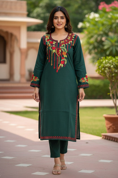 Kashmiri Kurti for Women Cotton Kurti with Embroidery - Small | Green