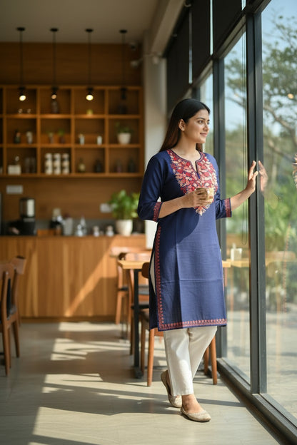 Kashmiri Kurti for Women Cotton Kurti with Embroidery - Small | Navy Blue