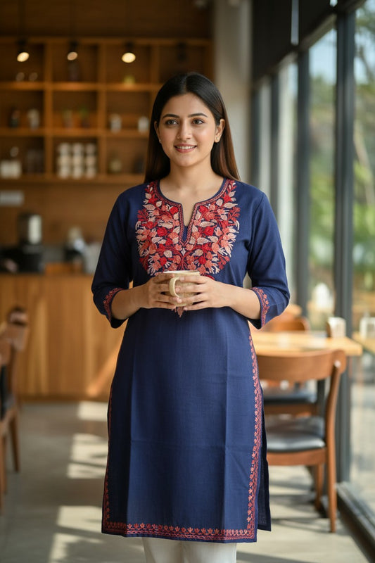 Kashmiri Kurti for Women Cotton Kurti with Embroidery - Small | Navy Blue