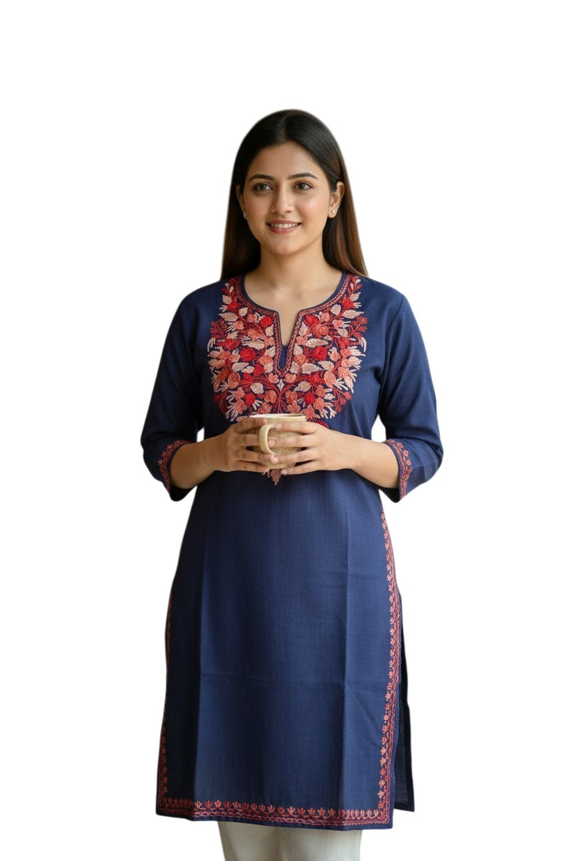Kashmiri Kurti for Women Cotton Kurti with Embroidery - Small | Navy Blue