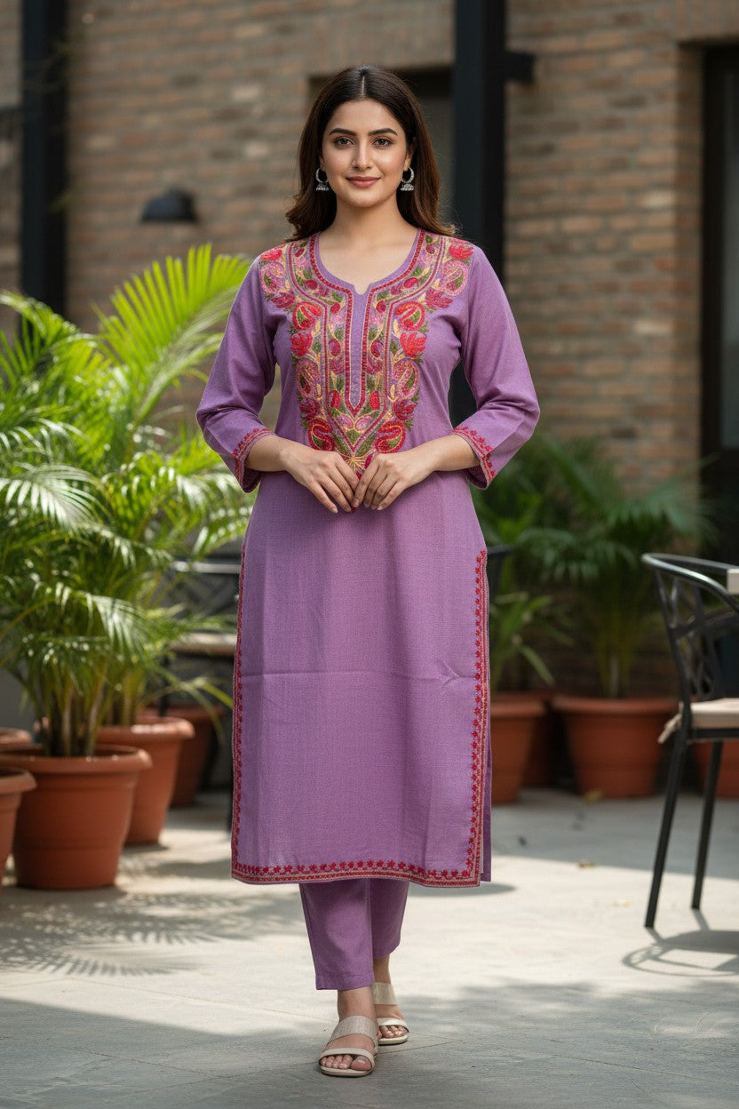 Kashmiri Kurti for Women Cotton Kurti with Embroidery - XS | Purple