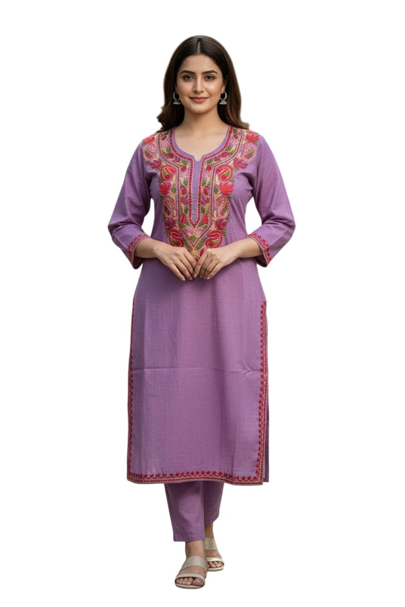 Kashmiri Kurti for Women Cotton Kurti with Embroidery - XS | Purple