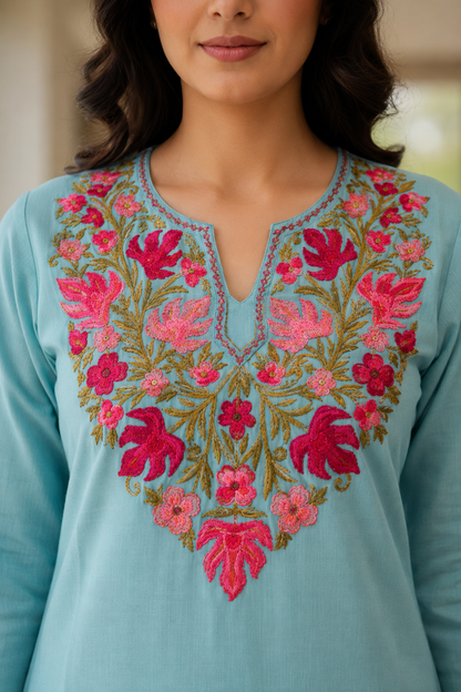 Kashmiri Kurti for Women Cotton Kurti with Embroidery - Small | Sky Blue