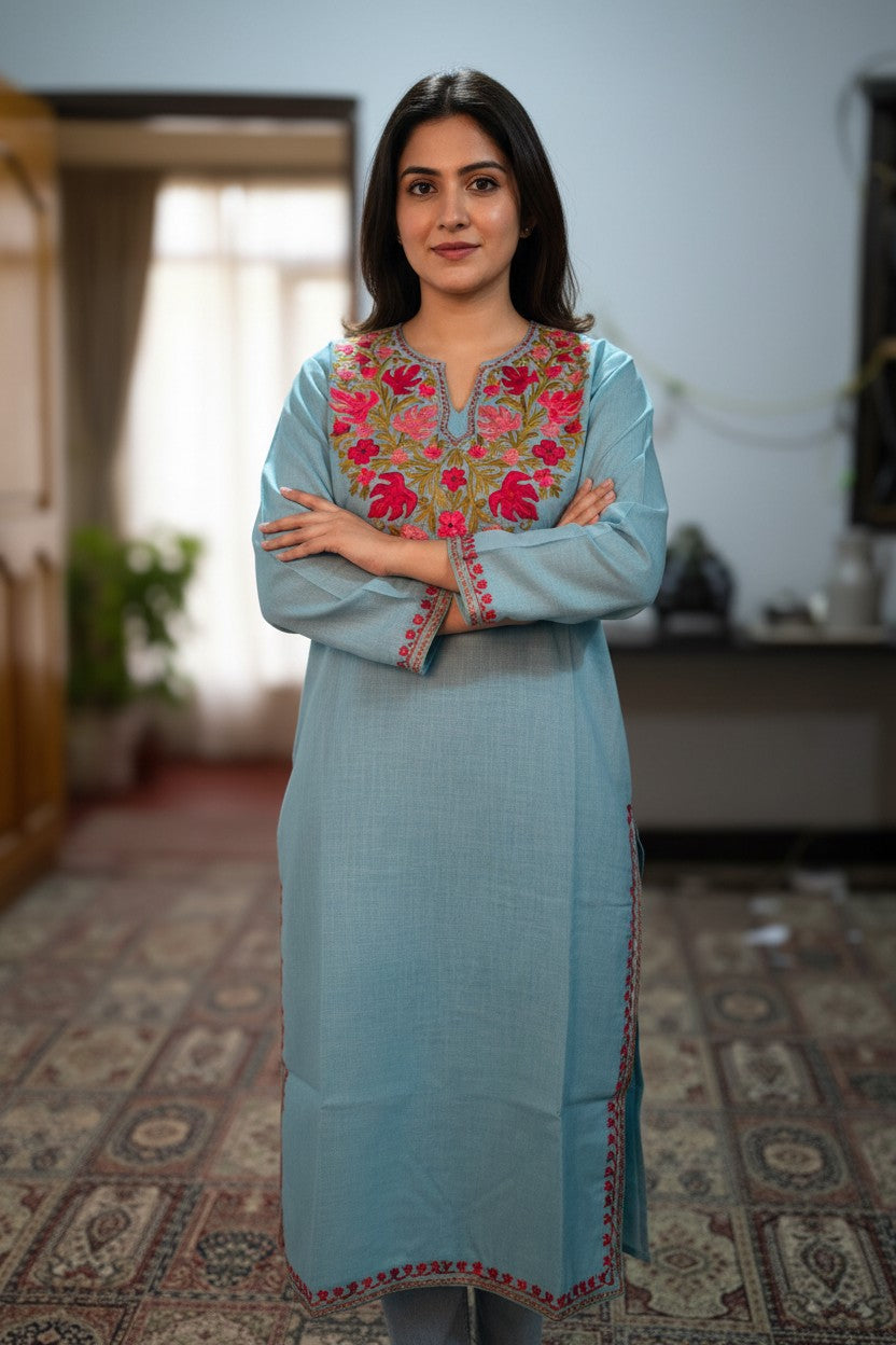 Kashmiri Kurti for Women Cotton Kurti with Embroidery - Small | Sky Blue