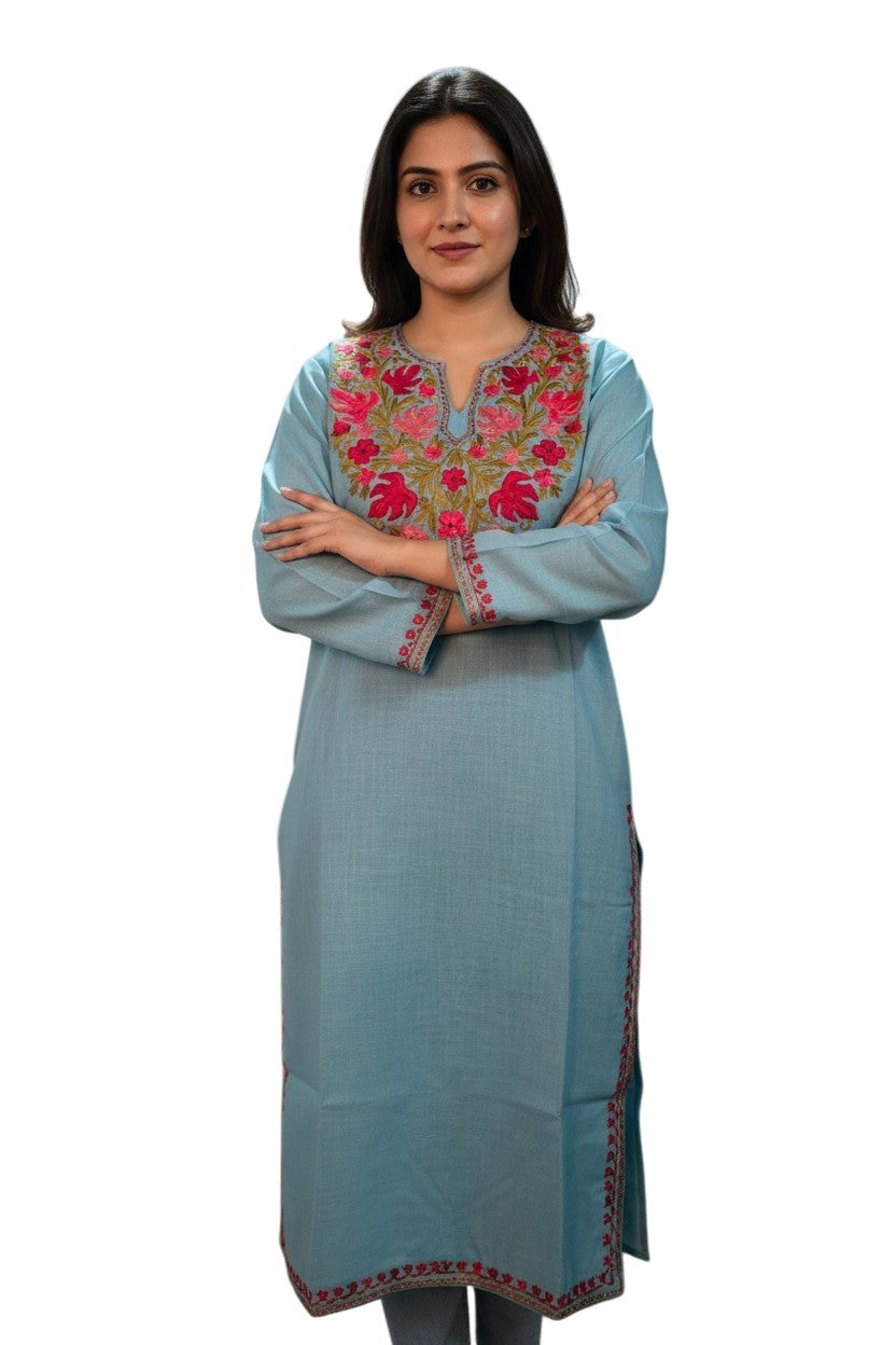 Kashmiri Kurti for Women Cotton Kurti with Embroidery - Small | Sky Blue