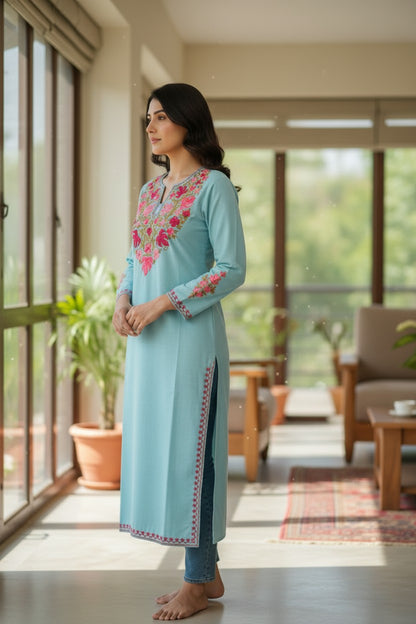 Kashmiri Kurti for Women Cotton Kurti with Embroidery - Small | Sky Blue